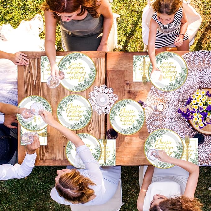 96Pcs Eucalyptus Leaves Bridal Shower Party Supplies Cheer to Love Birthday Plates and Napkins Sage Green Tableware Disposable Dessert Dinnerware for Wedding Engagement Anniversary Decor for 24 Guest