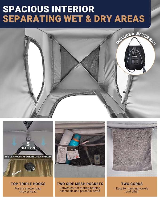 KingCamp Camping Shower Tent, Portable Outdoor Privacy Toilet & Changing Tent Windproof & Waterproof Easy Setup Shelter with Shower Bag for Camping Hiking Beach
