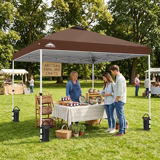 EAGLE PEAK Pop Up Canopy Tent with Wheeled Carry Bag, 8 Stakes, 4 Ropes, 4 Weight Bags, Easy Set Up Tent Canopy, 10x10 ft, 100sqft of Shade, Dark Brown