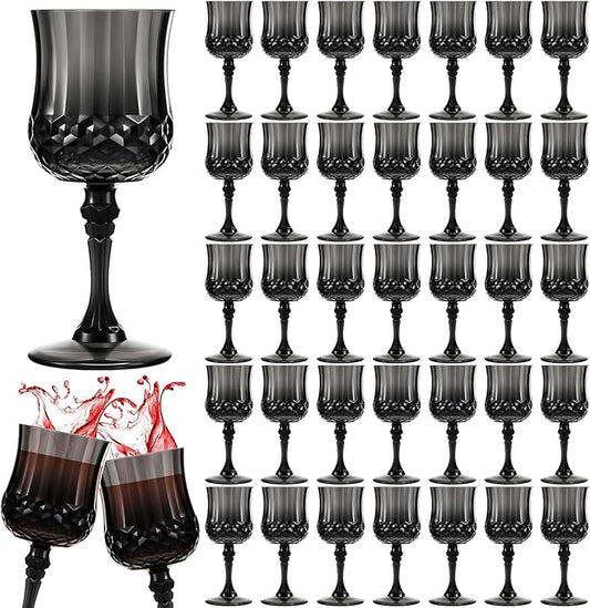 Pinkunn 50 Pcs 7 oz Plastic Vintage Wine Glasses Reusable Colored Goblets Patterned Drinking Water Glasses Cup Dishwasher Safe for Mother's Day Wedding Reception Party Supplies (Black)