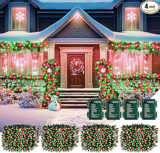 Brightown Christmas Battery Operated Outdoor Lights, 4 Pack 132FT 400 LED Fairy Lights With Timer, 8 Mode, Waterproof String for Outside Indoor Bedroom, Red & Green