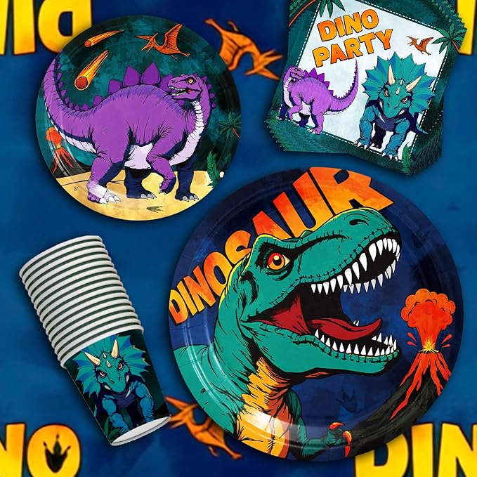 202 Pcs Dinosaur Birthday Party Supplies for 25 Guests – Complete Dino Tableware Set with Plates, Cups, Napkins, Cutlery, Straws & Tablecloth plus Bonus Checkers Game Party Decorations