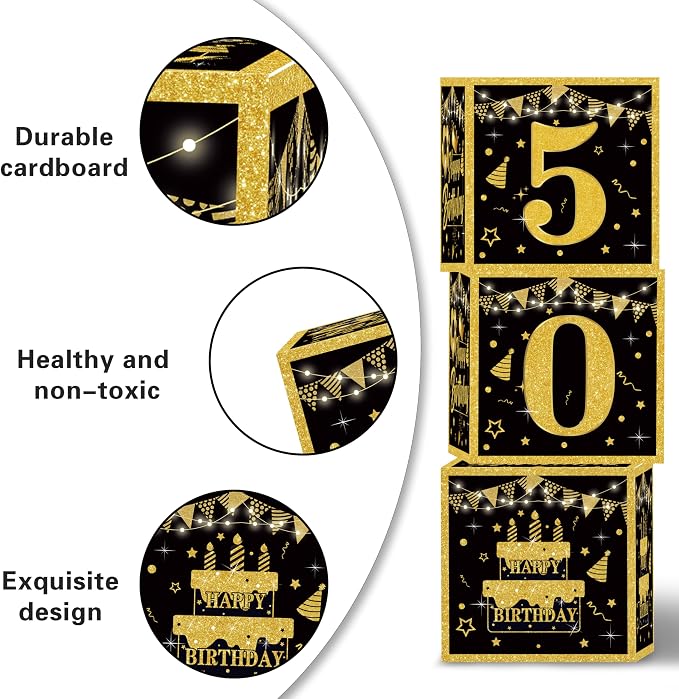 Gold 50th birthday decorations men,3pcs birthday Decorations for Men boys black and gold Balloon Boxes Birthday Party Favors
