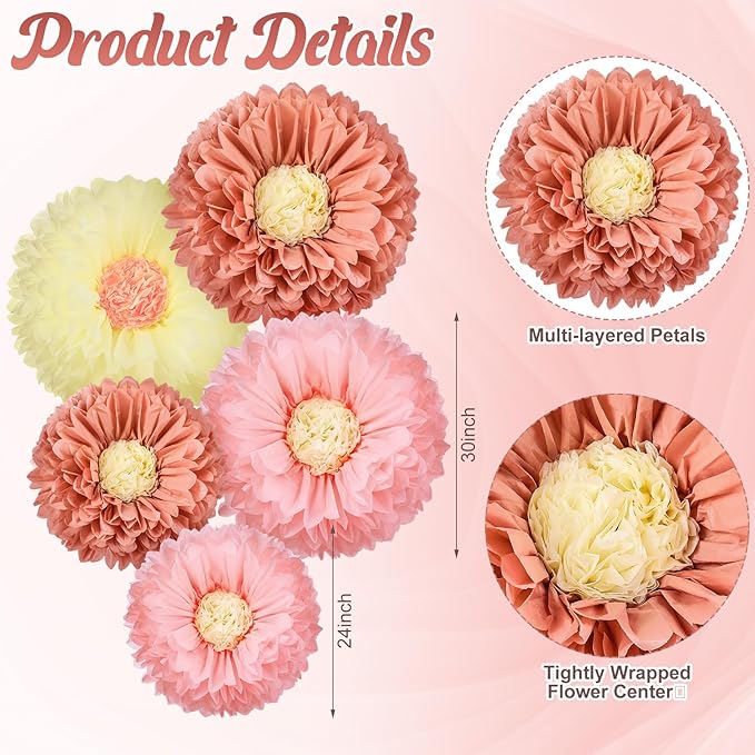 Chunful 5 Pcs 30'' 24'' Gaint Boho Tissue Paper Flowers Decoration Large Hanging Tissue Paper Pom Poms Decor for Boho Birthday Bachelorette Wedding Baby Shower Bridal Shower Party Decoration