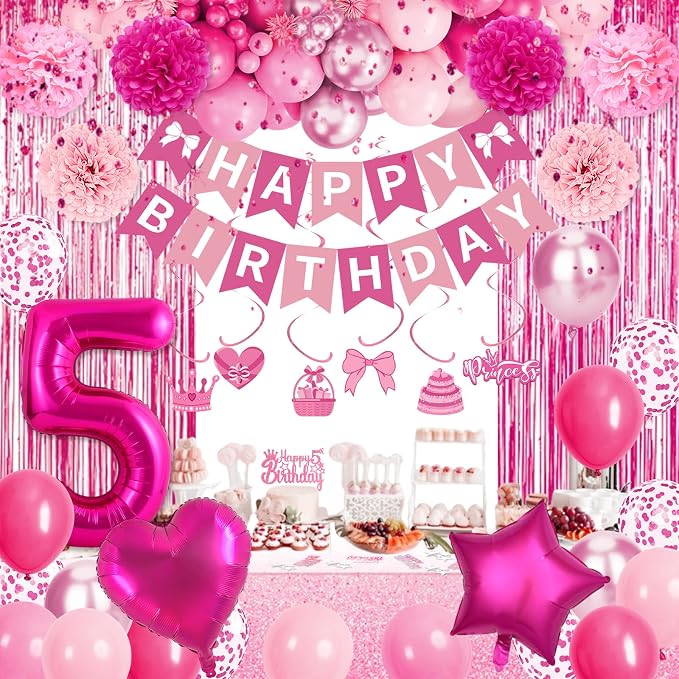 5th Birthday Decorations Girl, Pink Party Decorations with Number 5 Balloon Happy Birthday Banner Bday Sash Crown Tablecloth Fringe Curtain Hanging Swirl for 5 Year Old Girl Bday Decor