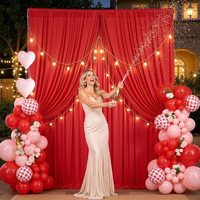 50ft×12ft Red Backdrop Curtain for Wedding Parties, 10 Panels Wrinkle Free Polyester Photo Backdrop Drapes Back Drop Cloth for Memorial Day Birthday Photography Background