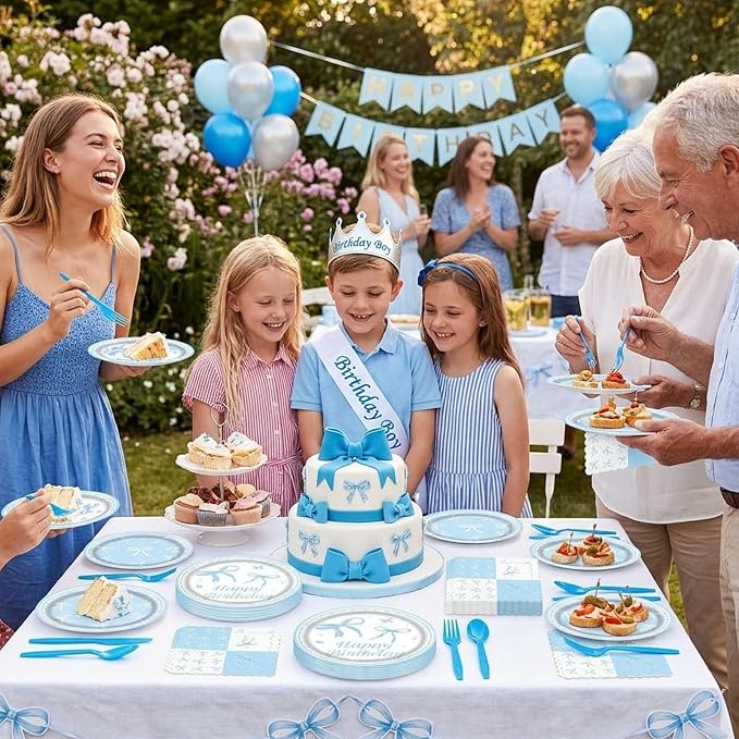 60Pcs Bow Party Supplies, Blue Bow Theme Party Decorations Include Blue Party Plates, Napkins, Forks, Knives, Spoons for Baby Shower Wedding Bridal Birthday Engagement Party Decor, Serves 10