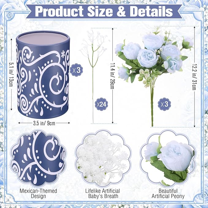 Mumufy 30 Pcs Blue Fiesta Table Centerpieces with Cardboard Paper Vases and Artificial Flowers, Cielito Lindo Mexican Baby Shower Decor for Boy, Bridal Shower, Wedding, Taco Party, Cinco De Mayo