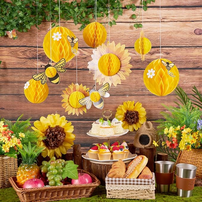 SUNBEAUTY Sunflower Party Decorations 3D Bee Honeycomb Hanging Decor Yellow Tissue Paper Flowers Birthday Yellow Sunflower Ceiling for Classroom Bulletin Board Wall Baby Shower Summer Garden Party