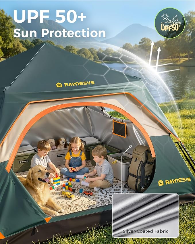 4 Person Instant Tent, Camping Tent Setup in 60 Seconds, Waterproof Pop Up Tents for Camping with Top Rainfly, Instant Cabin Tents with Portable Carry Bag for Family Camp & Hiking, Green + Brown