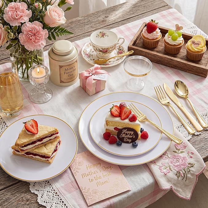 KIRE 350 PCS White and Gold Plates Disposable - Elegant Dinnerware Set of 50 Guest, White Plastic Plates With Gold Rim, Pre Rolled Napkins with Silverware & Cups for Party/Wedding/Mother's Day