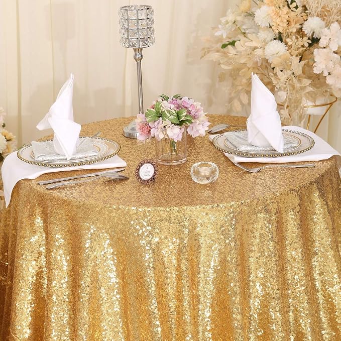 Juya Delight 90'' Round Gold Sequin Tablecloth for Wedding Birthday Party Festival Ceremony Dessert Table