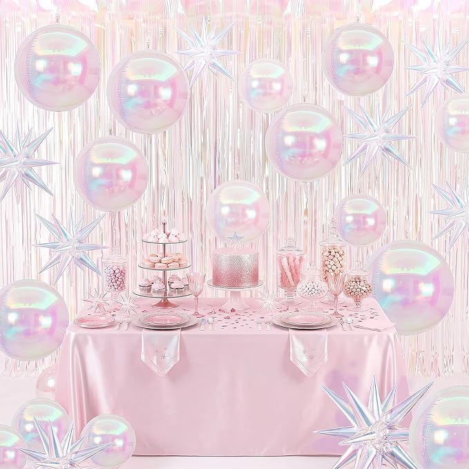 Seenelling 24 Pcs Iridescent Party Decoration Set 22'' 4D Star Ball Balloons White Shiny Metallic Tinsel Foil Fringe Curtain Backdrop for Mermaid Wedding Engagement Princess Bachelorette Unicorn Party
