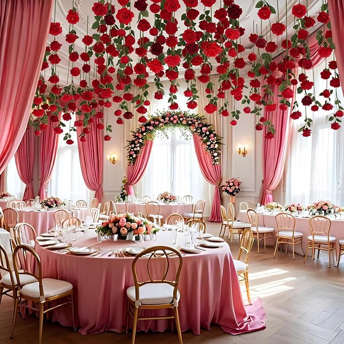 Lyrow 60 Pack Red Roses Artificial Flowers Bulk Hanging Floating Garland Fake Red Rose Vine for Ceiling Decoration Wedding Anniversary Bridal Bouquet DIY Floral Arrangement Proposal Romantic Decor