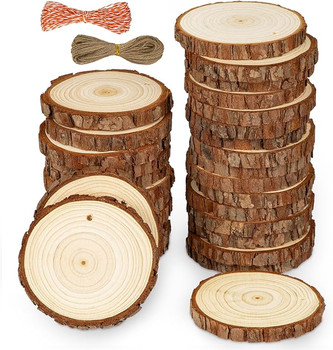 Unfinished Natural Wood Slices for Crafts - 30 Pcs Wood Slice Ornaments with Predrilled Hole & Twine String 3.1-3.5 Inch Round Wooden Circle Tree Slice for DIY Arts Craft Painting Gift Wedding Decor