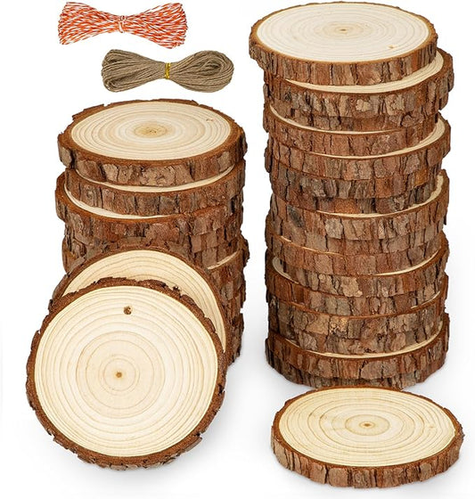 Unfinished Natural Wood Slices for Crafts - 30 Pcs Wood Slice Ornaments with Predrilled Hole & Twine String 3.1-3.5 Inch Round Wooden Circle Tree Slice for DIY Arts Craft Painting Gift Wedding Decor