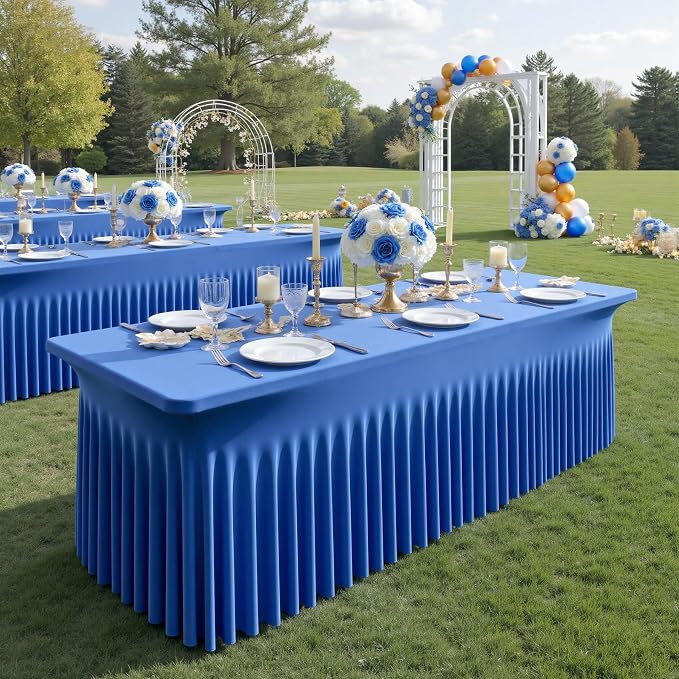 NSSONBEN 6 pk Royal Blue Spandex Tablecloths 6ft, Wrinkle Free High Stretch Fitted Table Cloths for 6 Foot Rectangle Tables, Ruffle Skirt Spandex Table Covers 6ft for Party Wedding Banquet