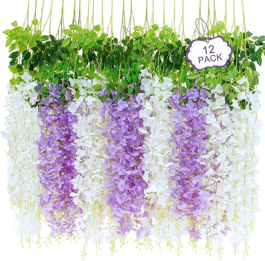 12Pcs Artificial Wisteria Hanging Flowers, 3.6Ft/Pcs White & Purple Fake Wisteria Garland for Wedding Party Home Garden Indoor Outdoor Decoration
