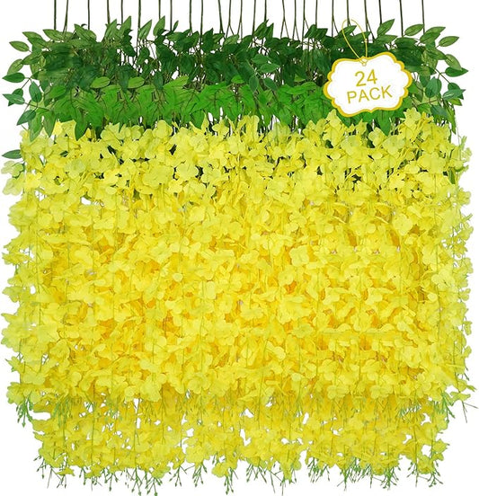24Pcs Artificial Wisteria Hanging Flowers, 3.6Ft/Pcs Yellow Fake Wisteria Garland for Wedding Party Home Garden Indoor Outdoor Decoration