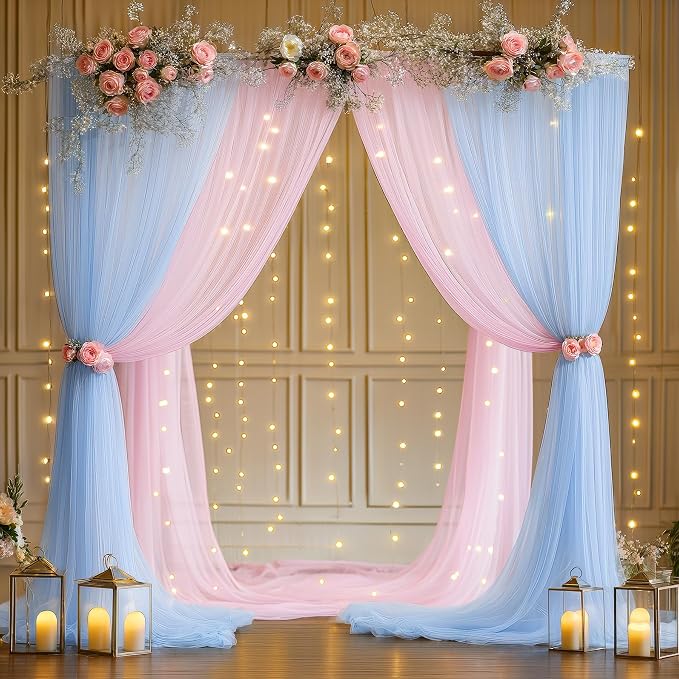 10x10ft Baby Pink Blue Tulle Backdrop Curtain with Lights String for Parites, Sheer Photo Backdrop Drapes with Lights for Wedding Backdrop Ceremony Reception Bridal Shower Baby Shower Birthday Party