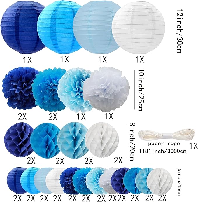 WOLHOWLTD Blue White Paper Decoration Set - 42 Pcs Paper Lanterns, Pompoms, Honeycomb for Wedding,Gender Reveal,School Day,Ocean Theme,Birthday Party,Home Garden Decoration(Blue White)