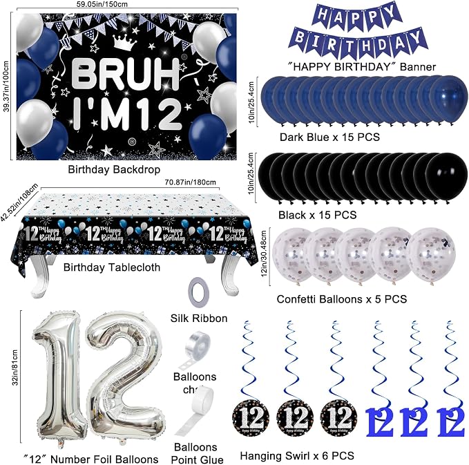 12th Birthday Decorations for Boys & Girls, 54 PCS Blue Black Party Decorations, 12 Year Old Boy Birthday Party Supplie with Banner Backdrop, Hanging Swirls, Tablecloth, Bruh I'm 12 Party Supplies