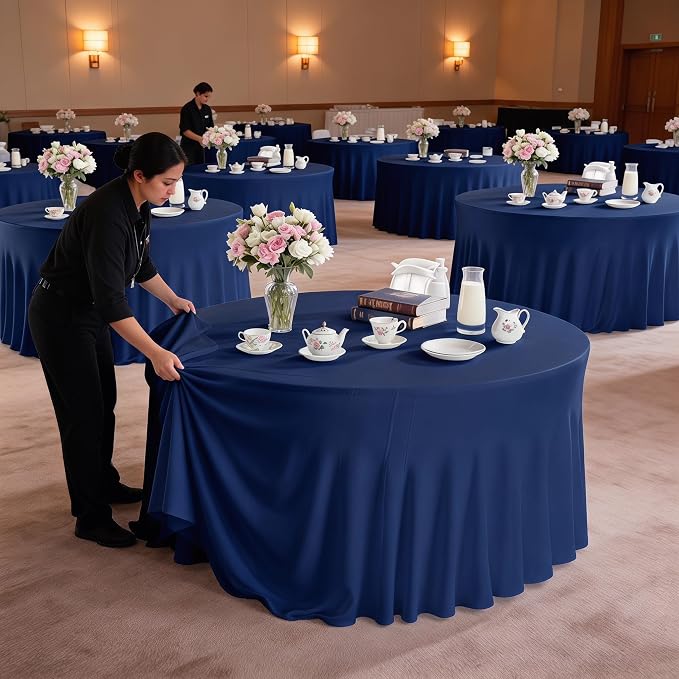 10 Pack Navy Blue Round Spandex Tablecloths for 60in Tables, 120 Inch Stretch Fitted Table Skirts, Wrinkle-Free Washable Polyester Covers for Wedding, Banquet & Party