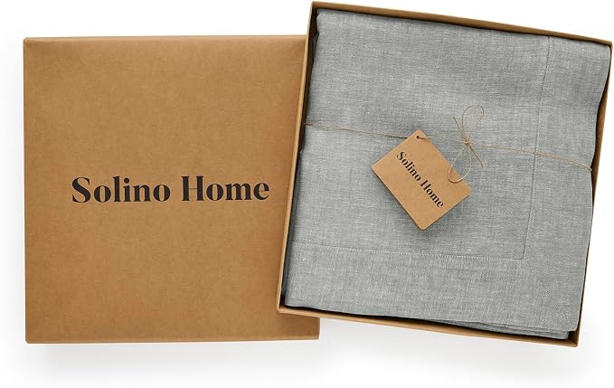 Solino Home Linen Tablecloth 60 x 144 Inch - 100% Pure Linen Chambray Grey Table Cloth for Rectangle Tables - Athena, Machine Washable Fabric Tablecloth