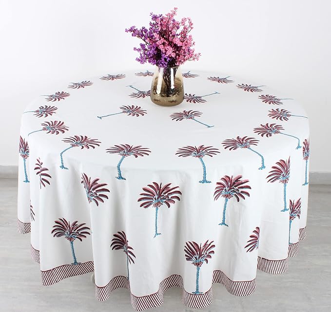 Ridhi Round Tablecloth Hand Block Print 100% Cotton Reusable Red Palm 60 Inch Table Cover Decorative Everyday Use for Dining, Home, Party, Wedding, Farmhouse, Party Gift for Spring, Mother's Day