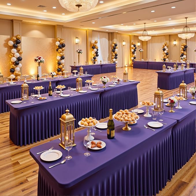 leegleri 2 Pack Purple Spandex Fitted Tablecloths for 6 Foot Rectangle Tables, Purple Stretch Table Cloth with Table Skirt, Wrinkle Free Spandex Table Covers 6ft for Parties, Weddings, Trade Shows