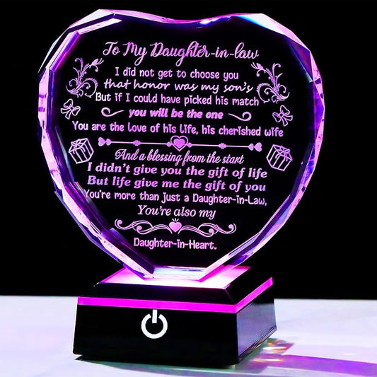Arikyrist Daughter in Law Birthday Gifts Heart Crystal Keepsake for Daughter-in-Law with LED Light Base Daughter in Law Gifts from Mother in Law on Christmas Wedding Anniversary