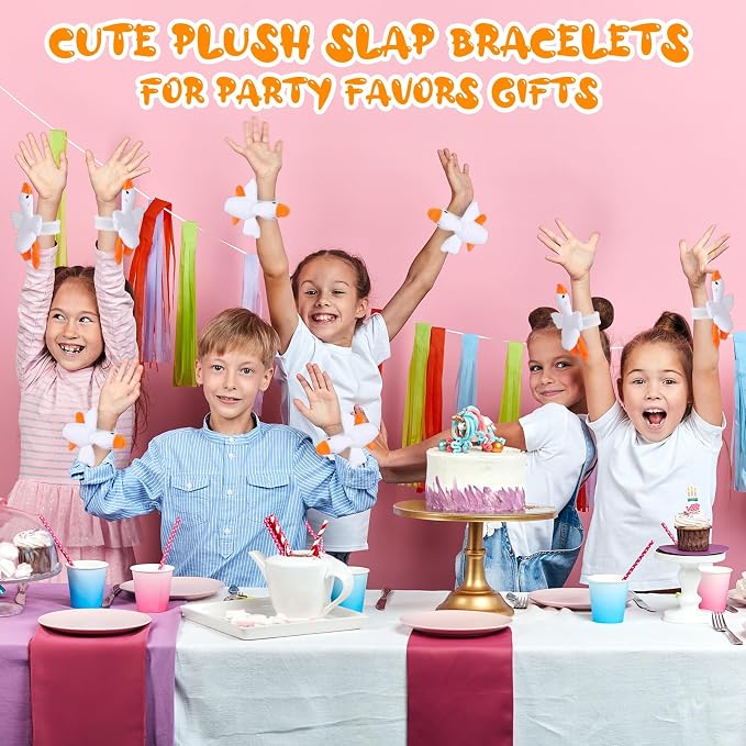 Lenwen 8 Pcs White Goose Stuffed Animals Slap Bracelets for Kids 8.66 Inch Back to School Plush Animal Bracelets Adopt a Goose Party Favors Wrist Slap Snap Band Toy for Boys Girls Birthday Gifts