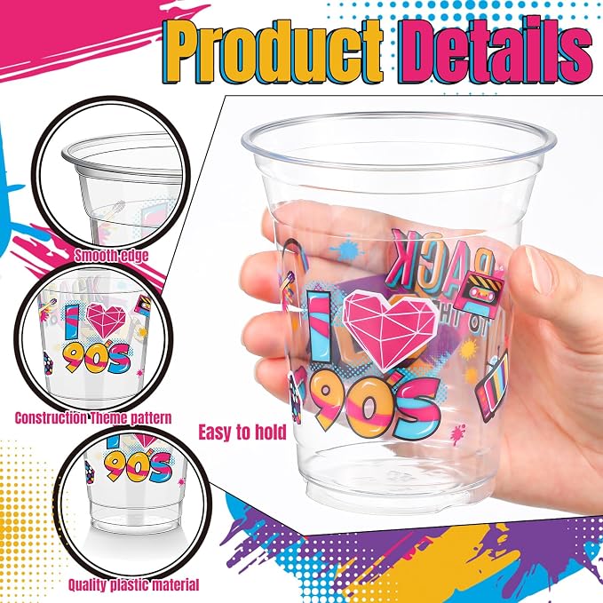 FoldTier 50 Pcs 90s Cups 12 oz Plastic Throwback Dance Glasses Clear Retro Music Disposable Glasses Hip Hop Drinking Cups for Home Retro Hip Hoptheme Party Favors Supplies Decoration (90s)