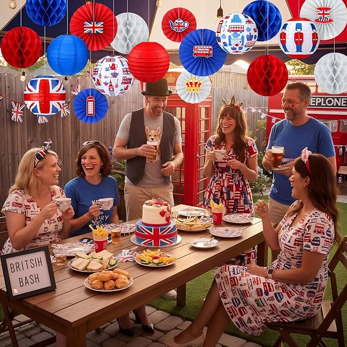 Retisee 18 Pcs British Party Decorations Britain UK England Flag Hanging Paper Lanterns Red White Blue Honeycomb Fans Honeycomb Ball for Hanging Coronation Union Jack Party Decoration