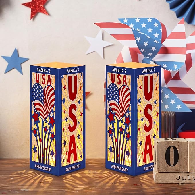 Gerrii 6 Pcs 250th Anniversary Table Centerpieces Boxes with USA Cutouts LED Light USA Patriotic Table Lantern Tabletop for 250th 4th of July Independence Memorial Day Party Supplies
