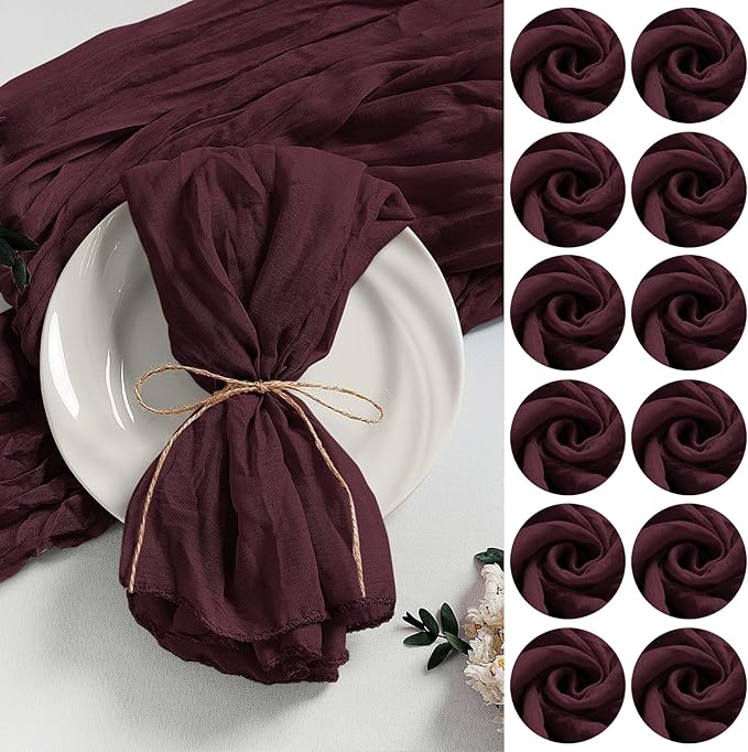 LZY 120 Pack Gauze Cheesecloth Napkins 20x20 Inch Dinner Cloth Napkins, Soft Boho Table Napkins Rustic Wrinkled Cheese Cloth Napkins Bulk for Wedding Party Baby Shower Event Decor (Burgundy)