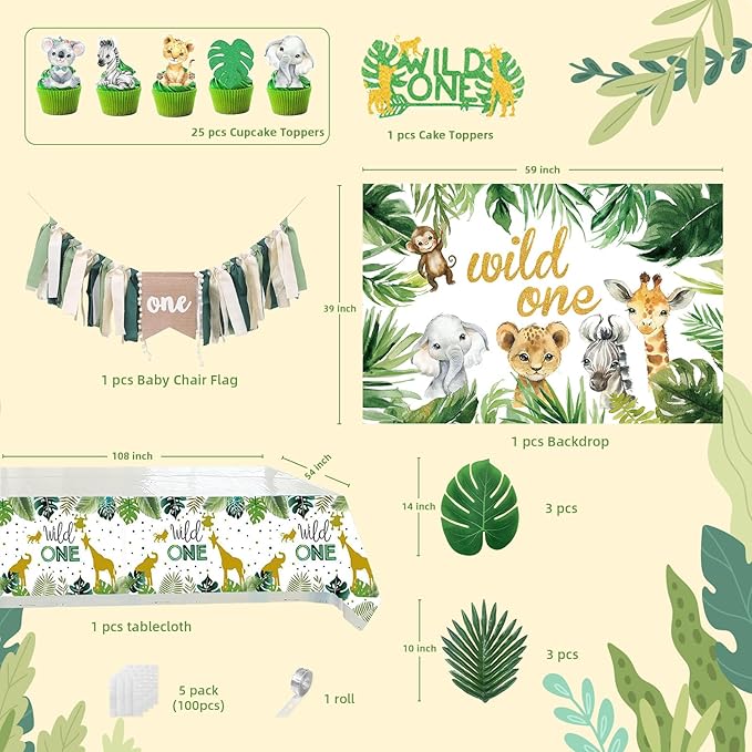 Wild One Birthday Decorations - Number 1 Balloons Sets for 1st Birthday Decorations with Sage Green Balloons Arch Kit ONE Box Jungle Safari Boys First Birthday Decor One Birthday Party Supplies