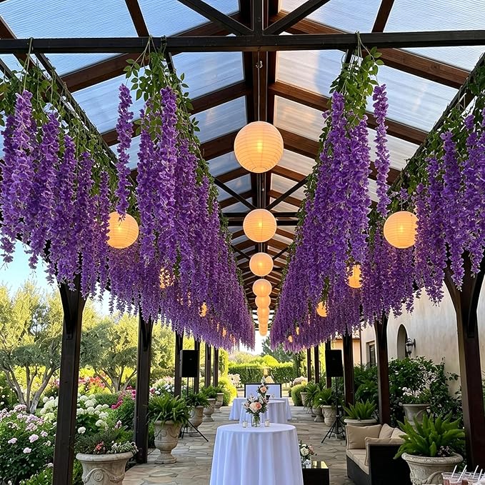 Artificial Wisteria Hanging Flowers Fake Wisteria Flower Garland Silk Vines Rattan Decor for Home Wedding Arch Wall Garden Greenery Bedroom Outdoor Office Party Decoration (24, Purple)