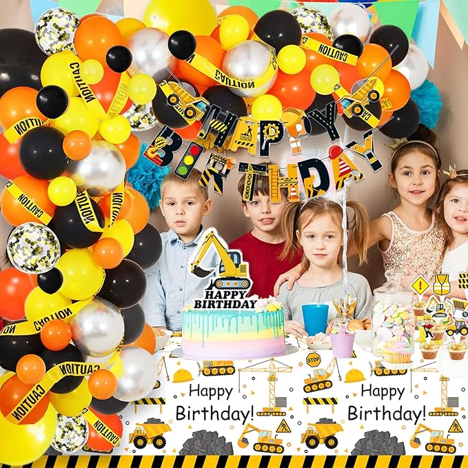 345 Pcs Construction 4th Birthday Party Supplies, Dump Truck Four Years Old Party Decorations Include Backdrop, Balloons Box, Hanging Swirls, Tablecloth, Plates, Cake Toppers, Balloons Garland Kit