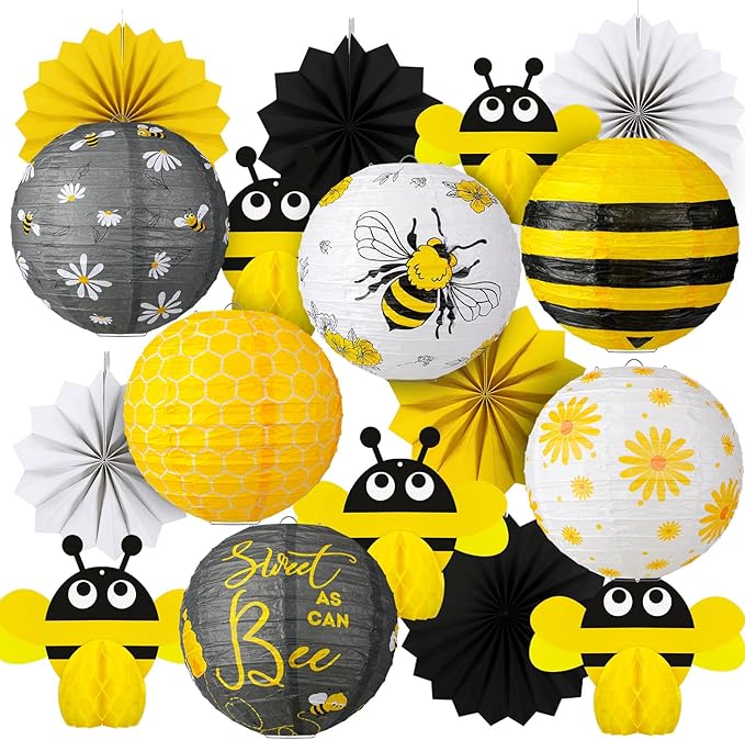 Retisee 18 Pcs Bee Honey Party Decoration.Yellow White Hanging Paper Lantern Bee Honeycomb Fans Honeycomb Ball for Honey Birthday Party Ceiling Decor Supplies