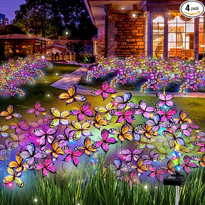 Solar Garden Lights Outdoor, Waterproof Solar Butterfly Lights 4 Pack Willow Vine Light with 80 LED 33 Butterfly Colorful Lighting for Garden Yard Lawn Outdoor Decor, Gift for Mom Women Mother's Day