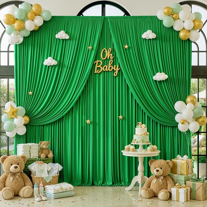 10ft×12ft Green Backdrop Curtains for Wedding Parties, 2 Panels Wrinkle Free Polyester Photo Backdrop Drapes Back Drop Cloth for Birthday Photography Background