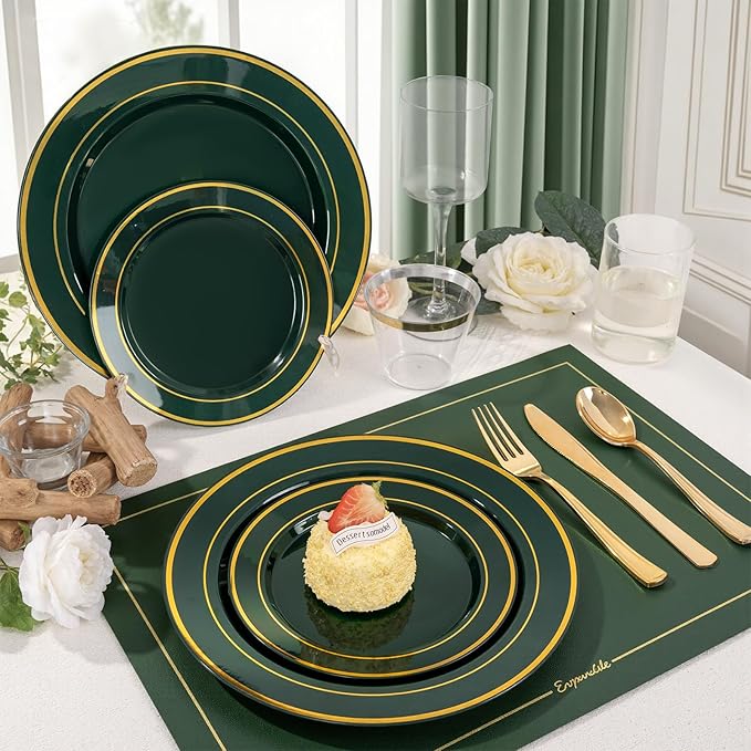 WDF Partyware 350PCS Green and Gold Plates - Green Plastic Plates 50Guests Plastic Plate with Rolled Napkins for Party/Birthday