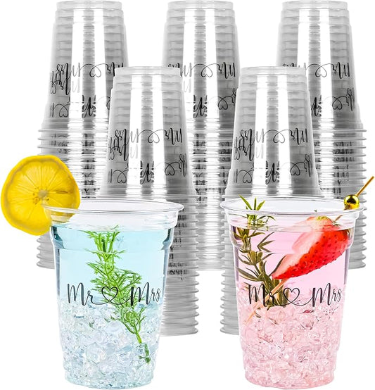 AimFun 50Pcs Mr and Mrs Plastic Cups Wedding Bridal Shower Disposable Party Cups Wedding Reception 12oz Clear Drinking Cup for Anniversary Birthday Party Supplies Decorations (100, Black)