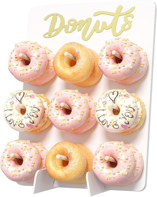 Wooden Donut Wall Display Stand - 9 Doughnut Holder Board for Grow Up Party, Birthday, Wedding, Baby Shower Decorations (White)