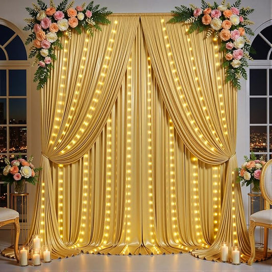 Outpain 10x10ft Gold Sequin Backdrop Curtains with Light -Lighted Up Gold Photo Backdrops with Non-Shedding Glitter, Wrinkle-Free Drapes for Wedding/Christmas/Studio (5x10ft 2 Panels)
