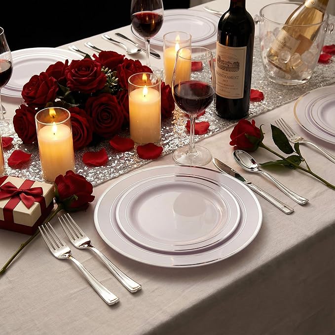 Supernal 102pcs White and Silver Plastic Plates Disaposable Party Plates White Silver Rim Heavy Duty Fancy Silver Plastic Dinnerware Set included 51 Dinner & Dessert Plates for Valentine's Day
