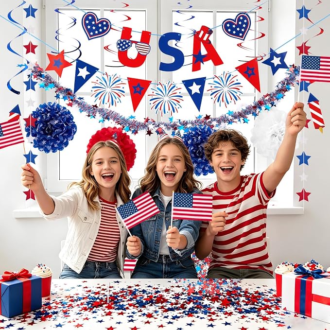 4th/Fourth of July Decorations Set, Patriotic Decorations, Red White and Blue Decors, with Pre-strung Banners for Memorial Day, Independence Day Supplies Party Decor