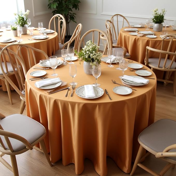 sancua Thanksgiving Round Tablecloth 90 Inch Diameter, 8 Pack Bronze, Circle Polyester Fabric Light Brown Fall Table Cloth Cover for Harvest Wedding Party Reception Banquet (Fit 30-72 Inch Tables)
