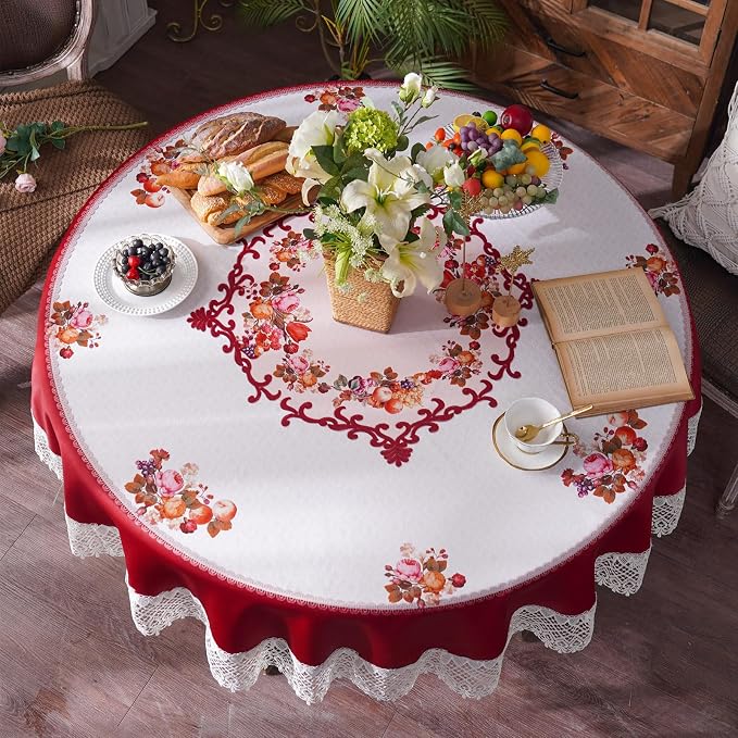 ARTABLE Round Tablecloth Lace Rustic Macrame Embroidered Table Cloths for Harvest Dresser Decor Farmhouse Kitchen Home (Burgundy, 90" Round)